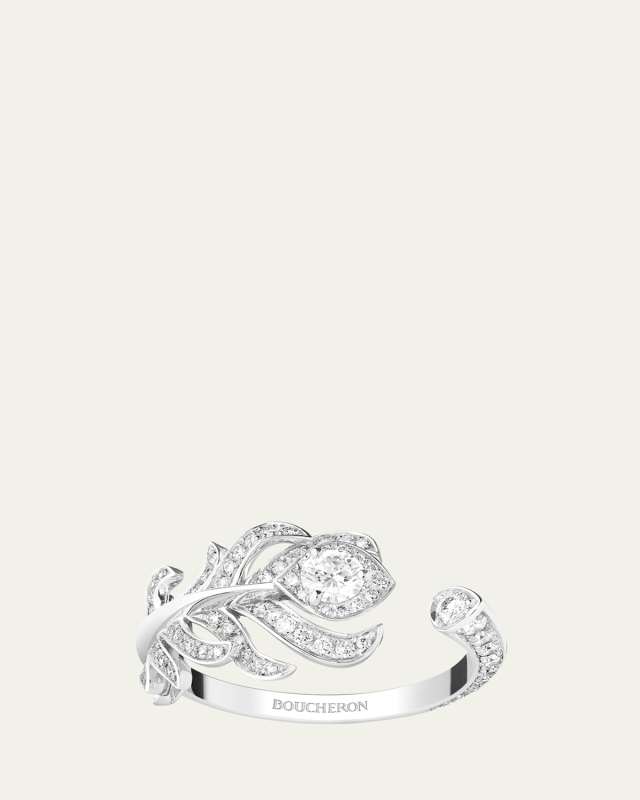 XS 18K White Gold Plum de Paon Feather Ring with Diamonds